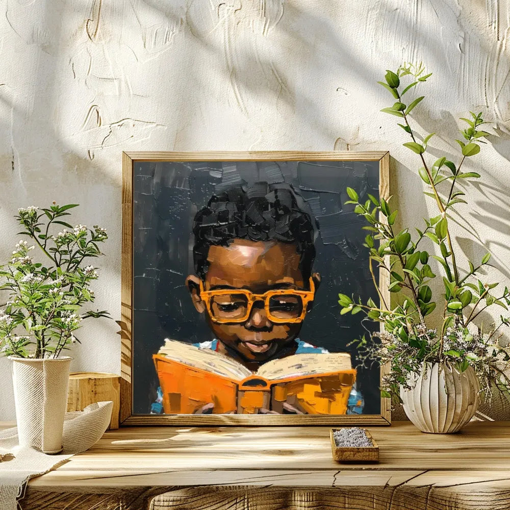 Black Boy Joy original canvas wall art painting of young African American boy reading a book. Melanin art celebrating Black education and culture by Afrohemian Art  