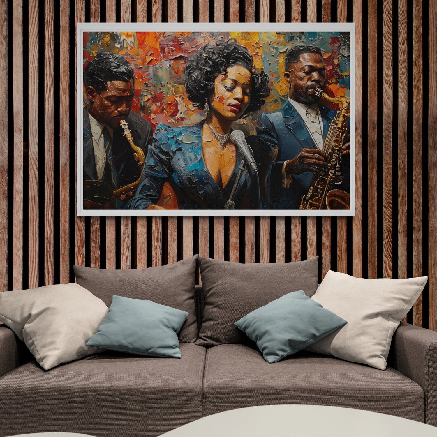 Ella Fitzgerald queen of jazz canvas print styled in modern living room. Harlem Renaissance Art in warm saxophone glow.