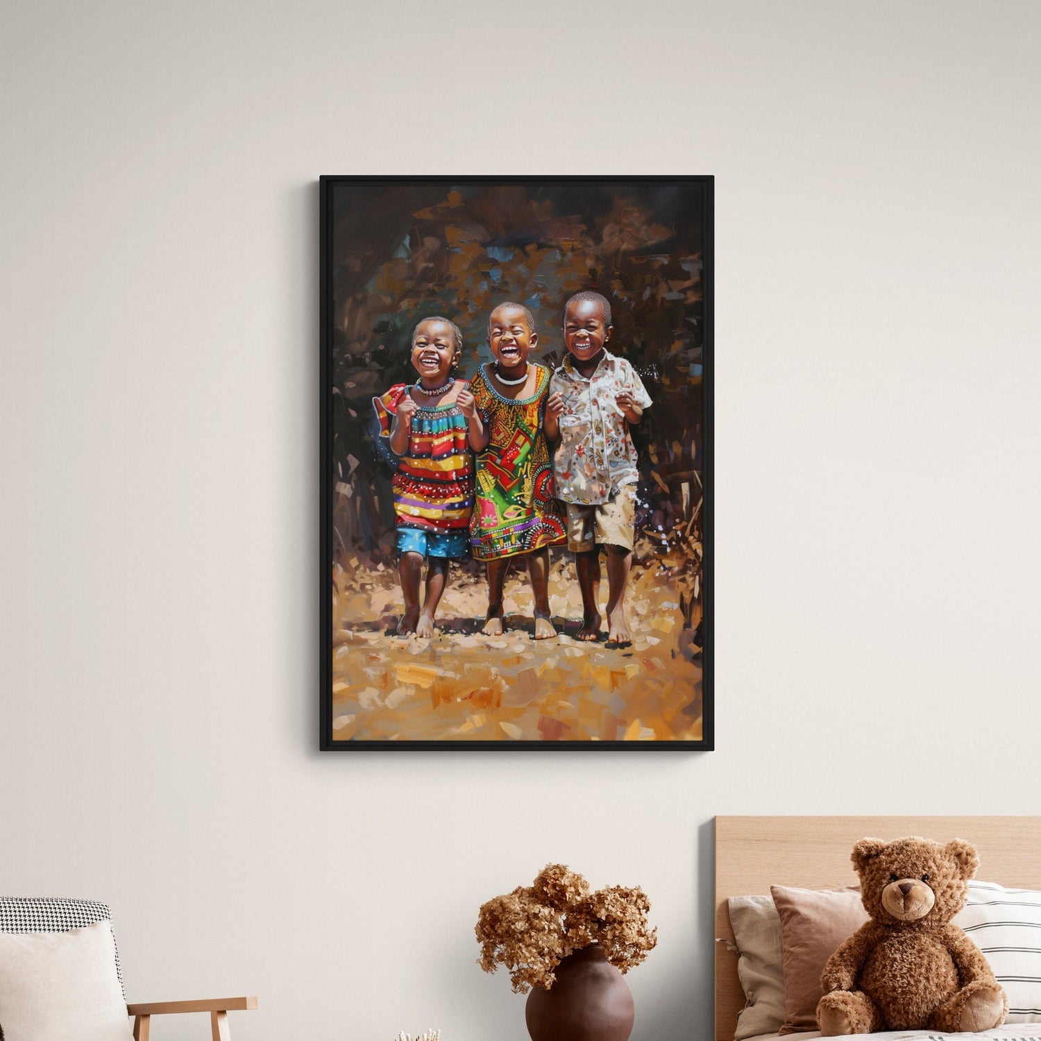 African boys laughing kente canvas print styled in modern living room. Black Kids Room Decor in bright bold.