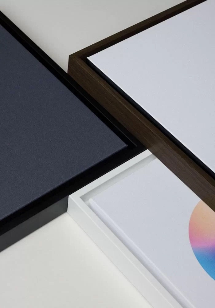 Canvas print frame options showing stretched and black framed display. Gallery wrapped edges ready to hang.