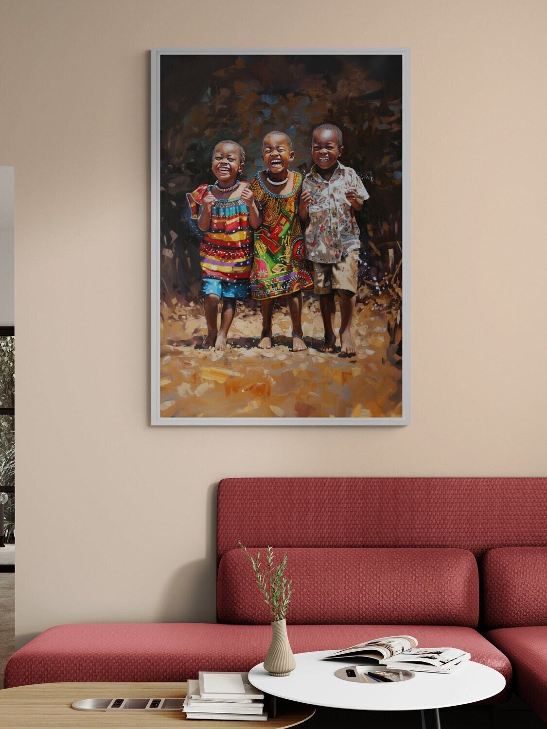 African boys laughing kente canvas wall art in colorful traditional style with bright bold. Black Kids Room Decor printed on archival canvas.
