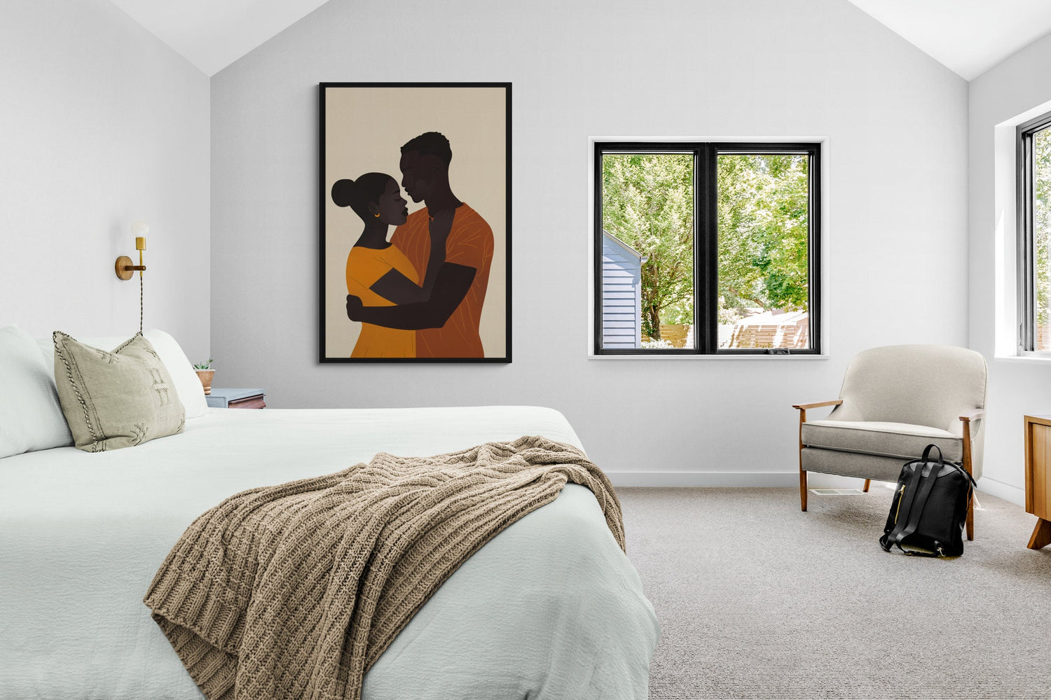 Black couple loving embrace canvas print styled in modern living room. Afro Chic Bedroom Art in warm neutral tones.
