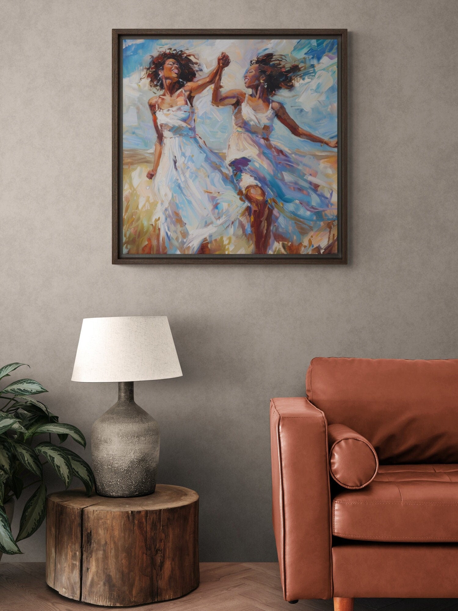 African women dancing in field canvas wall art in impressionist oil style with bright warm hues. Abstract African Art printed on archival canvas.