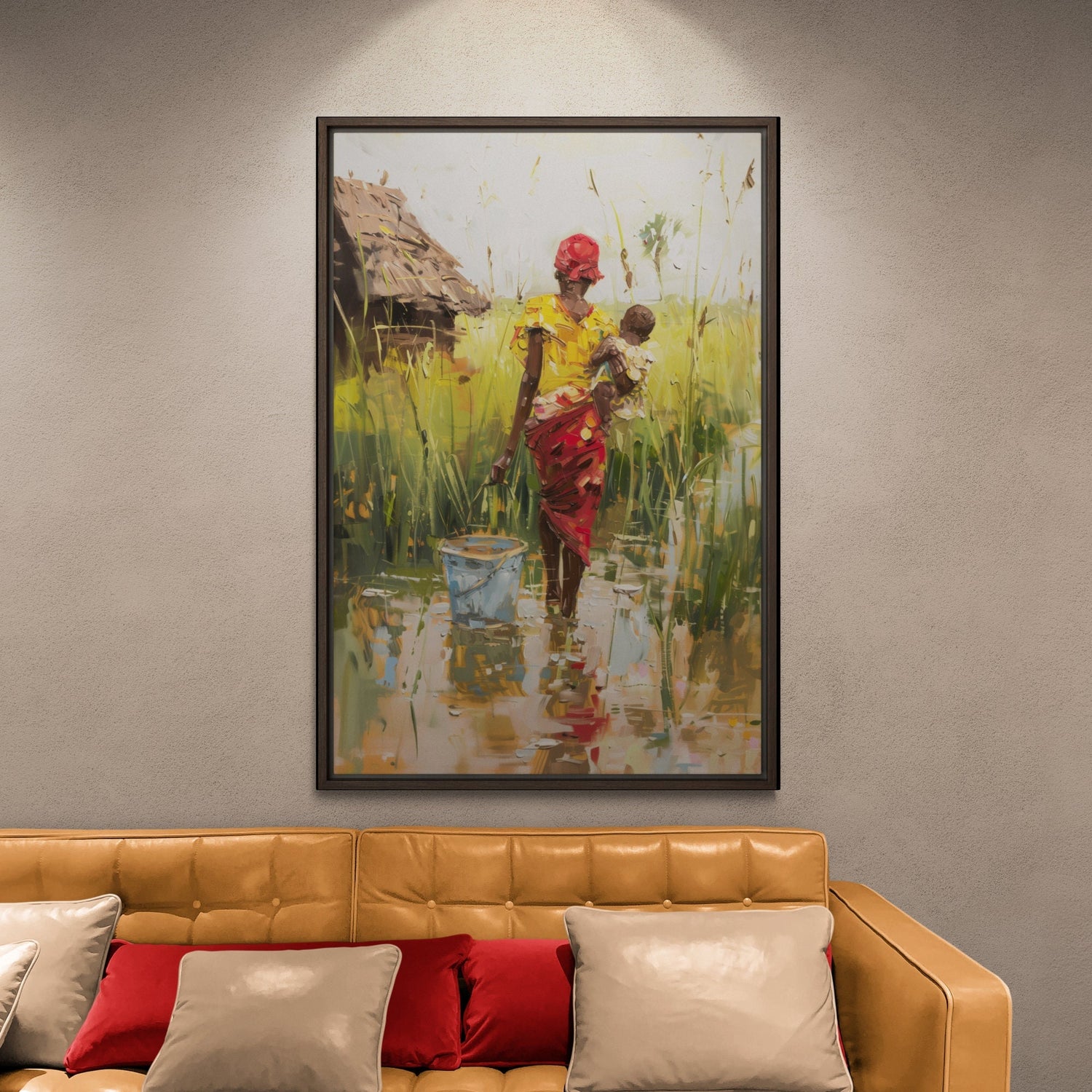 African mother and child village canvas wall art in oil painting style with earthy warm tones. Black Motherhood Art printed on archival canvas.