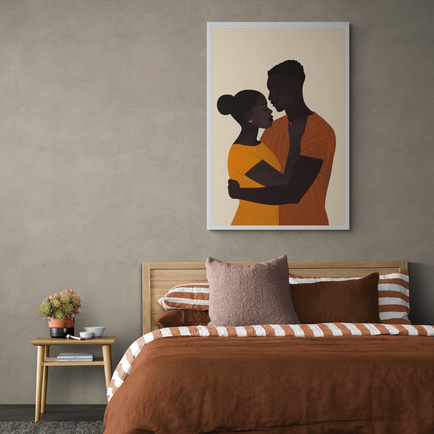Black couple loving embrace canvas wall art in minimalist earth style with warm neutral tones. Afro Chic Bedroom Art printed on archival canvas.