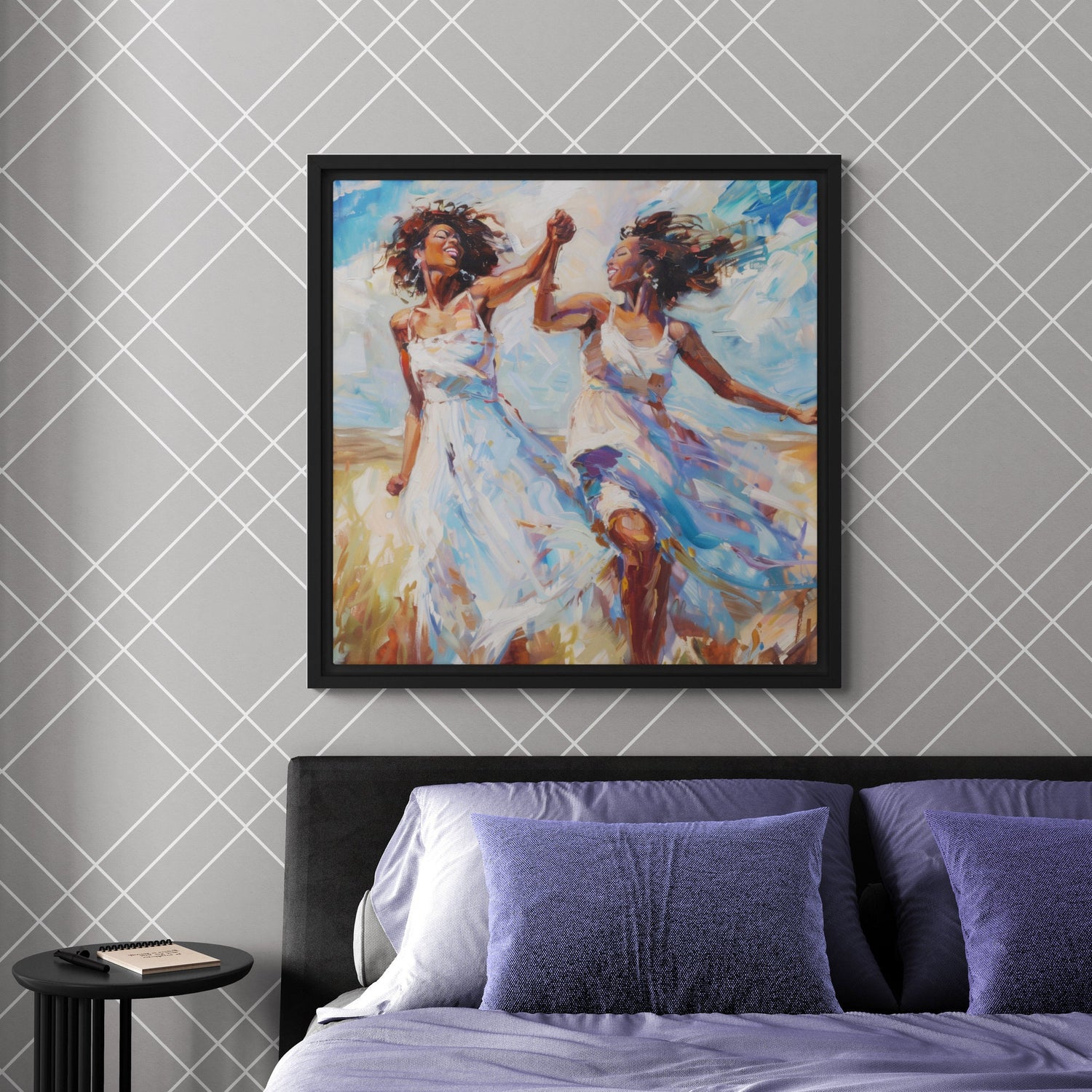 African women dancing in field canvas print styled in modern living room. Abstract African Art in bright warm hues.