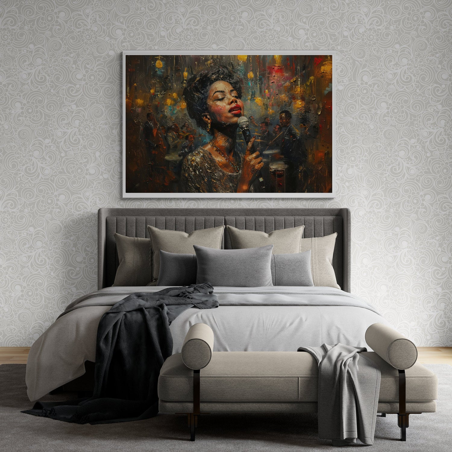 Billie Holiday singing jazz club canvas print styled in modern living room. Harlem Renaissance Art in smoky warm tones.