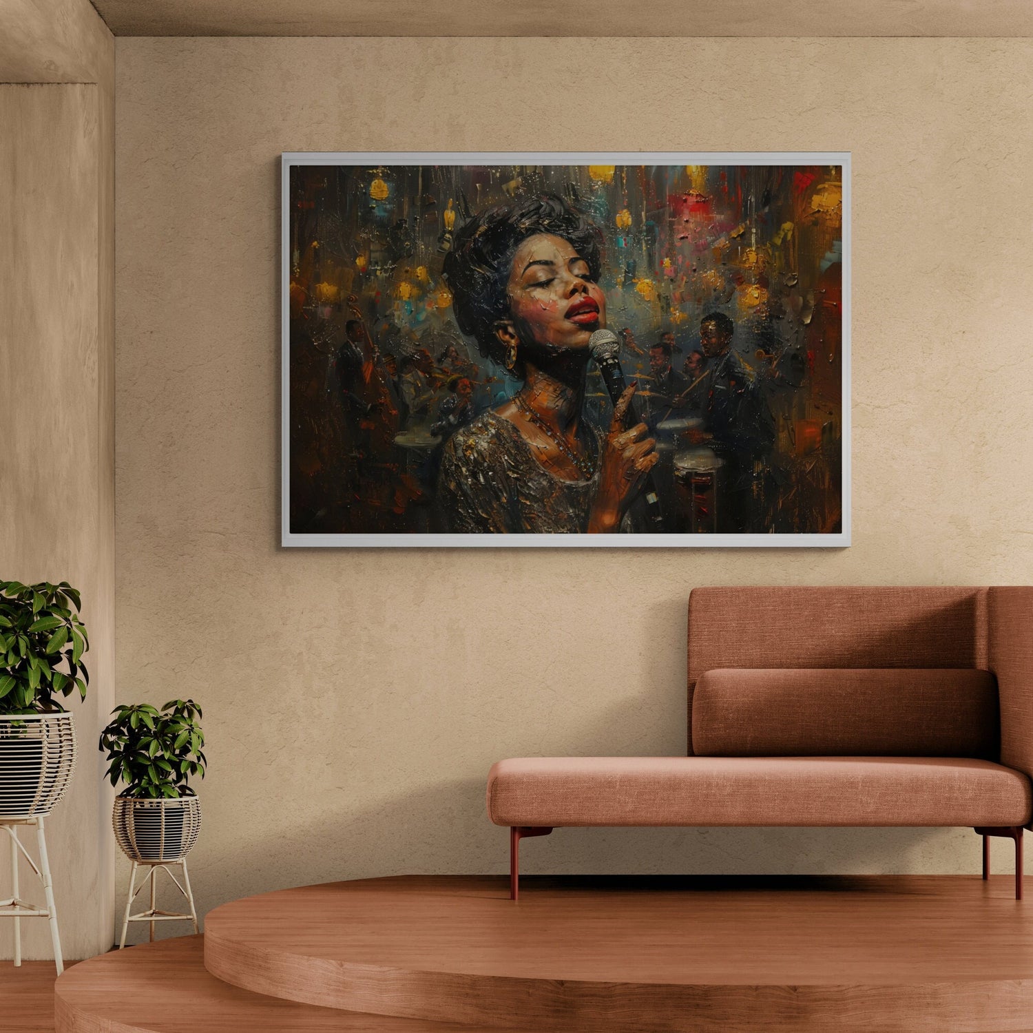 Billie Holiday singing jazz club canvas wall art in moody intimate style with smoky warm tones. Harlem Renaissance Art printed on archival canvas.