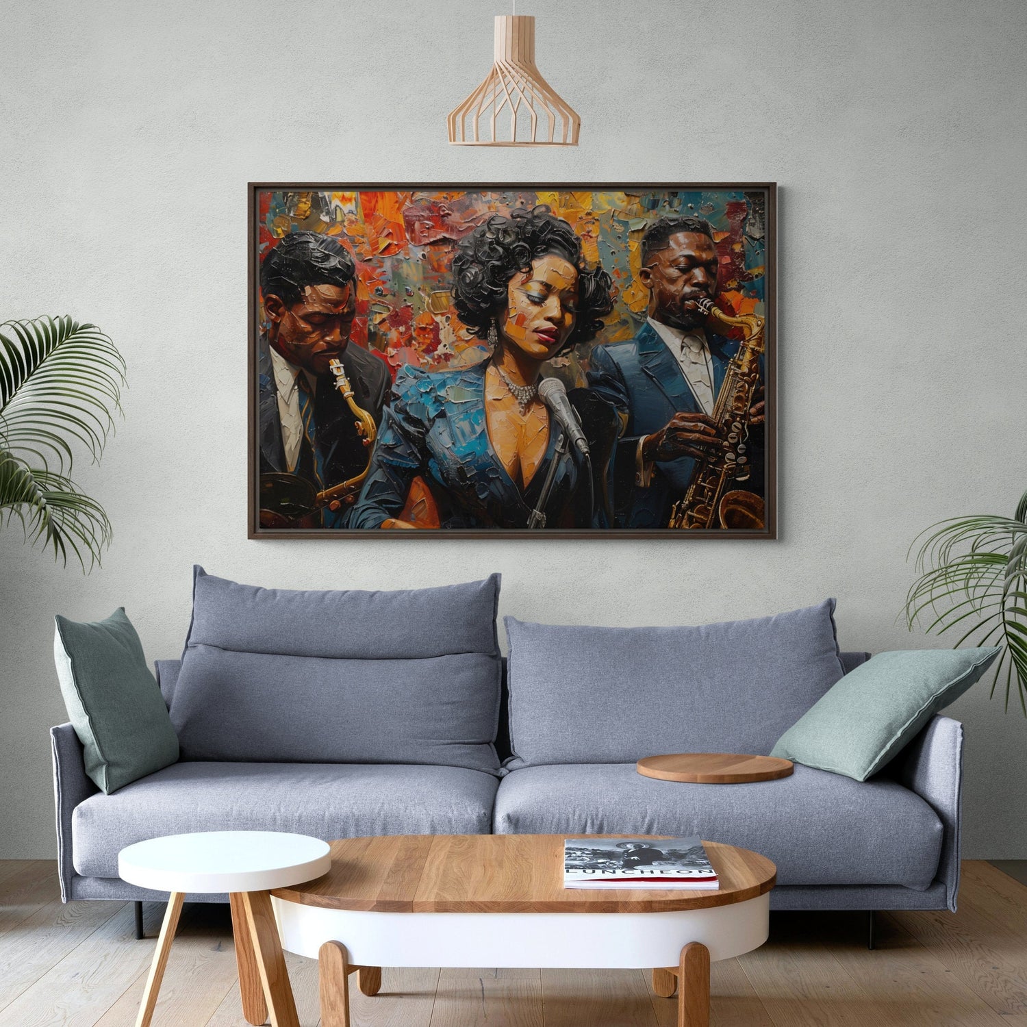 Ella Fitzgerald queen of jazz canvas wall art in oil painting style with warm saxophone glow. Harlem Renaissance Art printed on archival canvas.