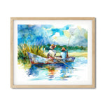 Gullah Geechee boys fishing boat canvas wall art in watercolor style with lowcountry marsh. Gullah Geechee Art printed on archival canvas.