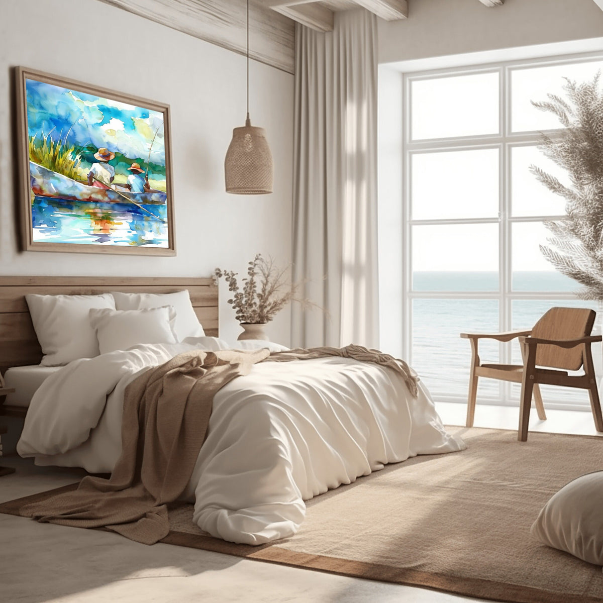 Gullah Geechee boys fishing boat wall art hand-finished watercolor technique. Gullah Geechee Art with lowcountry marsh.