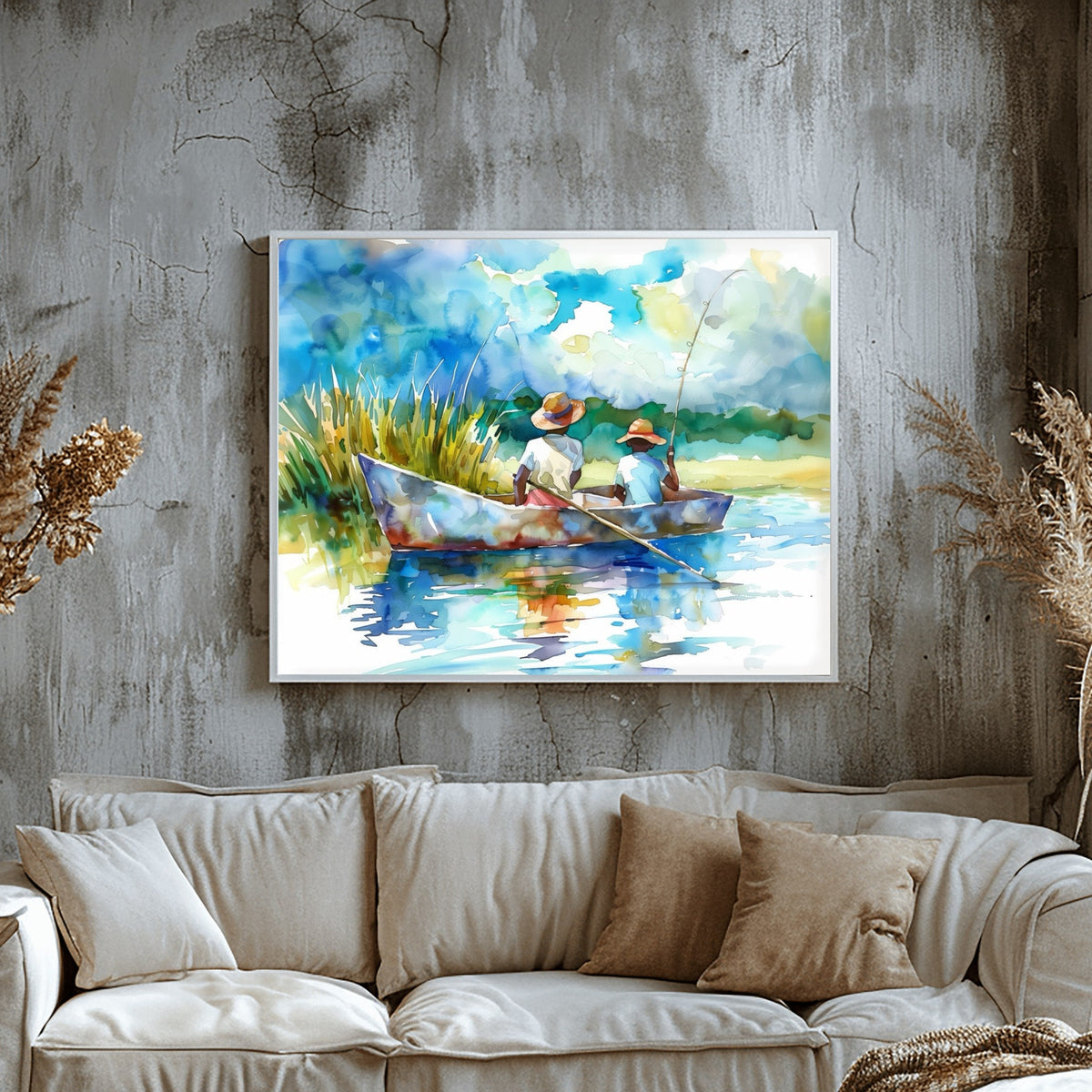 Gullah Geechee boys fishing boat canvas print styled in modern living room. Gullah Geechee Art in lowcountry marsh.
