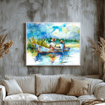 Gullah Geechee boys fishing boat canvas print styled in modern living room. Gullah Geechee Art in lowcountry marsh.
