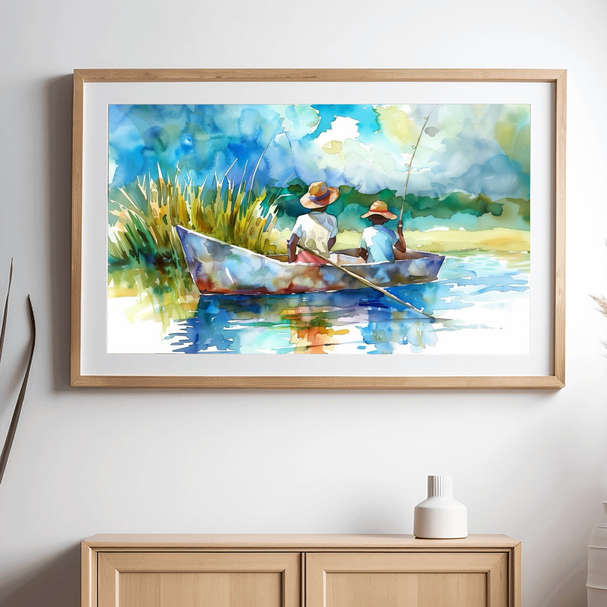 Gullah Geechee boys fishing boat framed canvas ready to hang with gallery wrapped edges. Gullah Geechee Art.