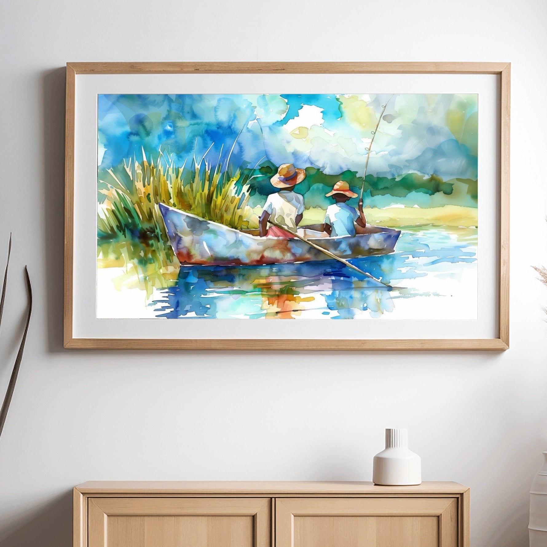 Gullah Geechee boys fishing boat framed canvas ready to hang with gallery wrapped edges. Gullah Geechee Art.