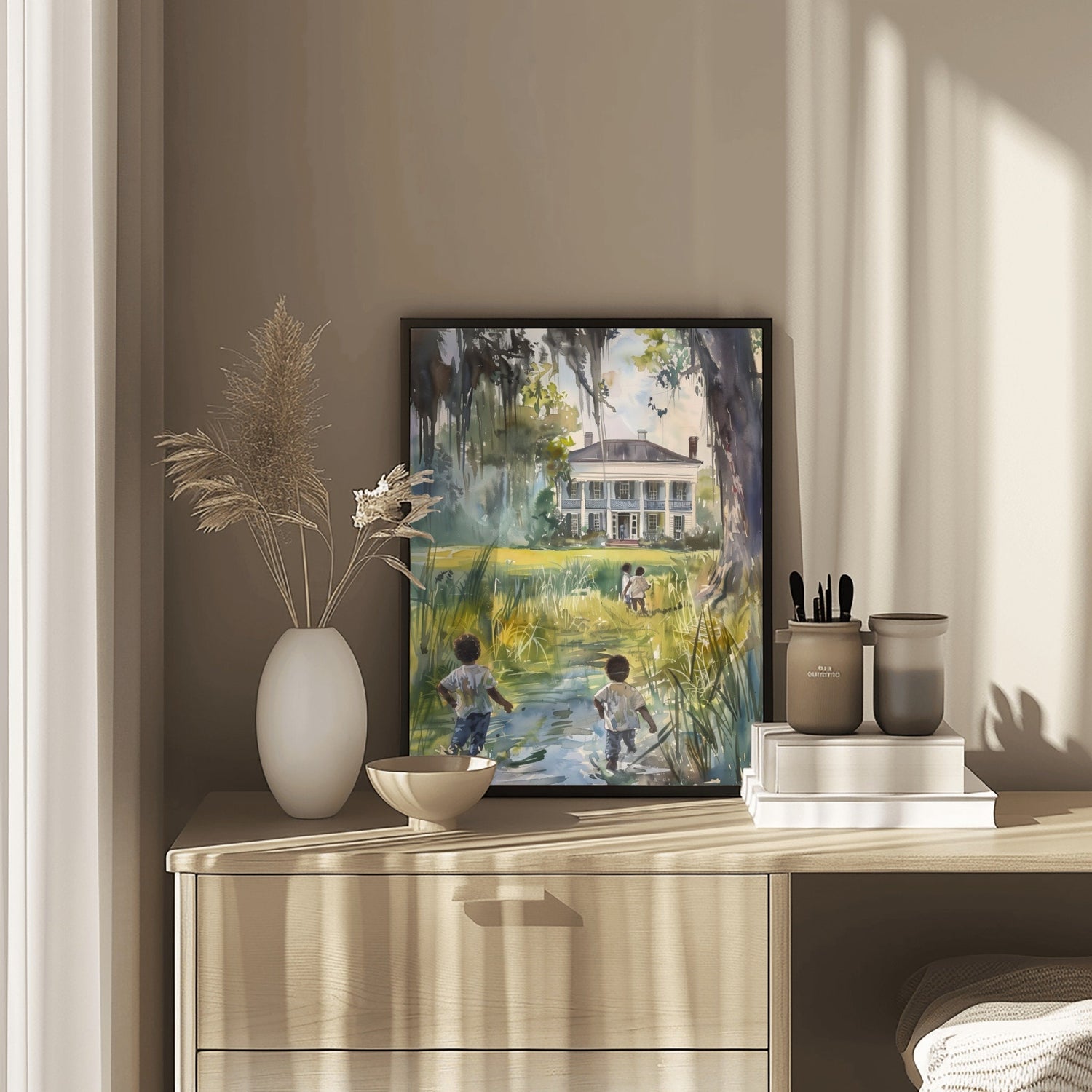 Gullah Geechee Art, Playing in the Field, Lowcountry Art Water Color Print, South Carolina, African American Canvas, Black History Art