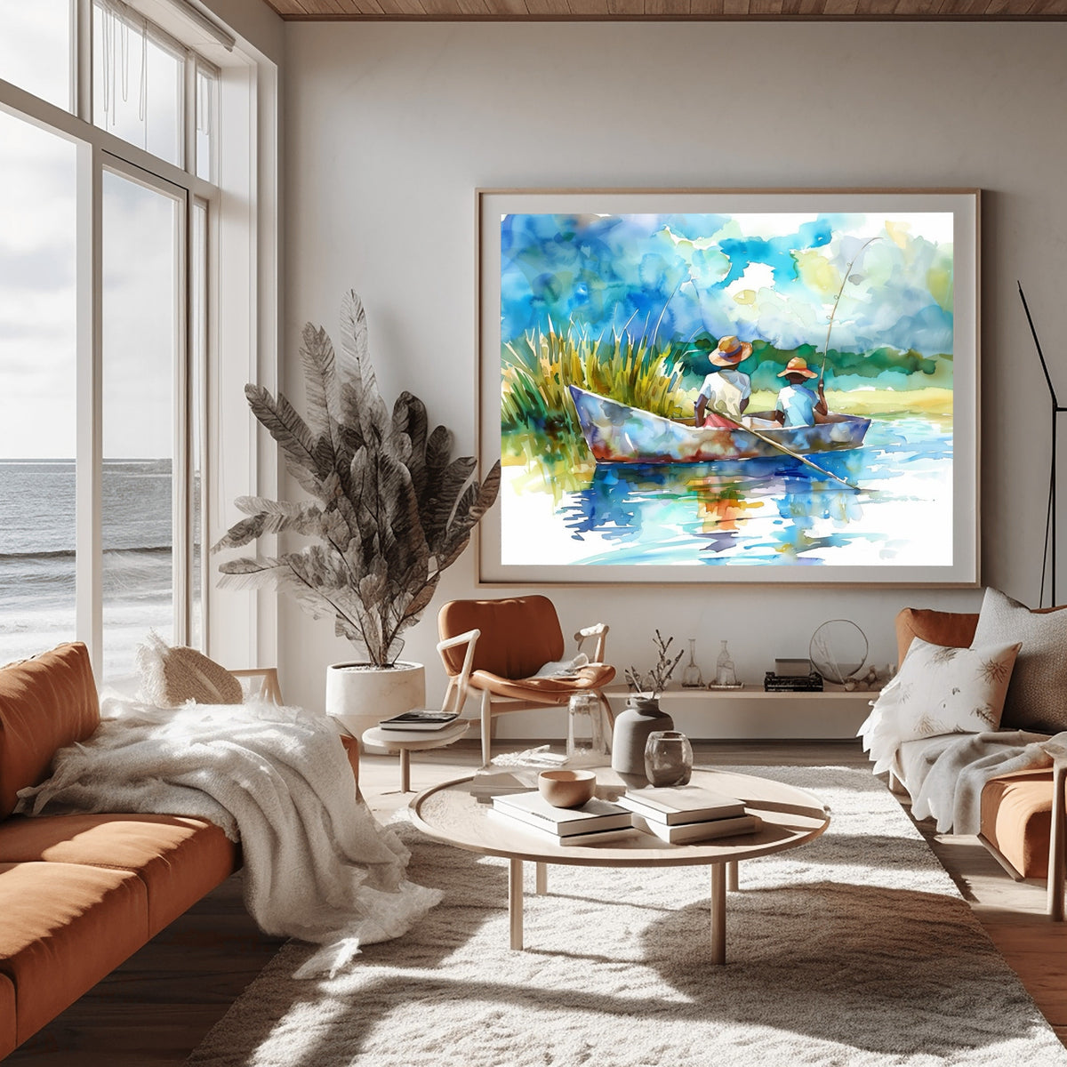 Gullah Geechee boys fishing boat art print celebrating cultural heritage. Gullah Geechee Art in lowcountry marsh.