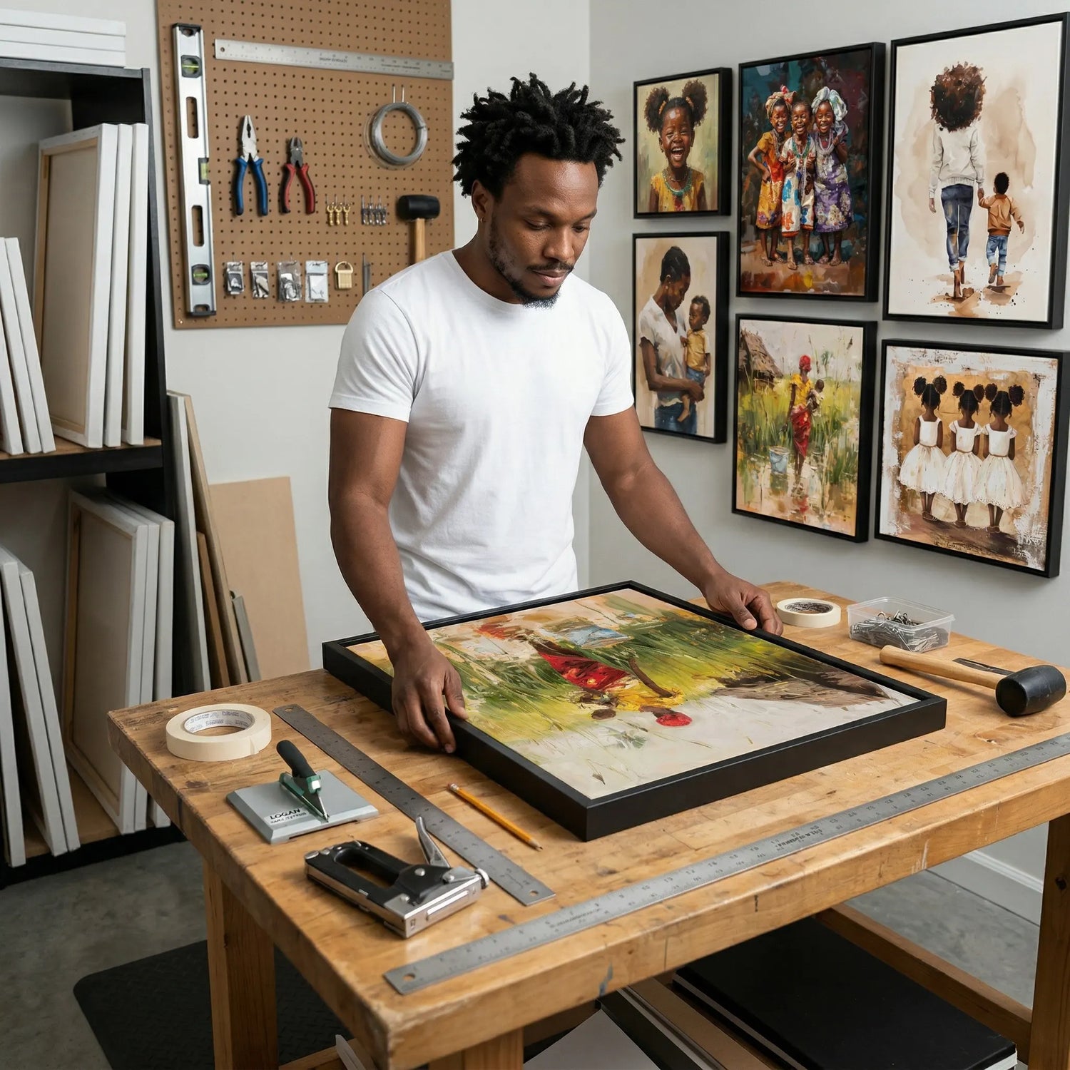 Black artist hand-framing his canvas art print. African diaspora wall art crafted with museum-quality giclee ink 