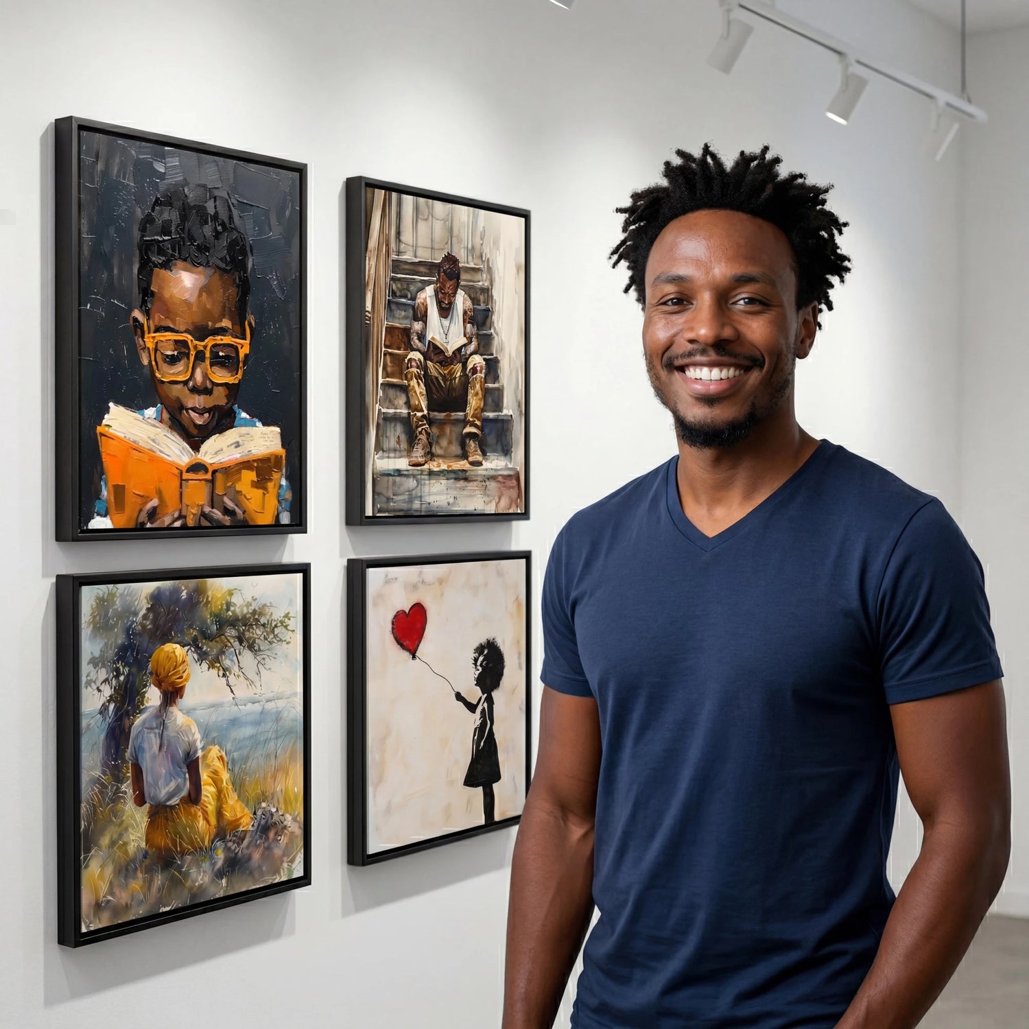 Black artist Robert Lawrence standing in Atlanta art studio with framed African American canvas prints on gallery wall - Afrocentric art creator and melanin artist